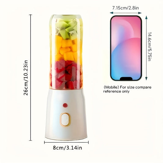 Portable USB rechargeable fruit juicer with a capacity of 15.22oz. This mini blender comes with dual cups (1 for juicing and 1 for food), detachable design, easy push button control, and is made of food-grade PP material. It features 10 stainless steel