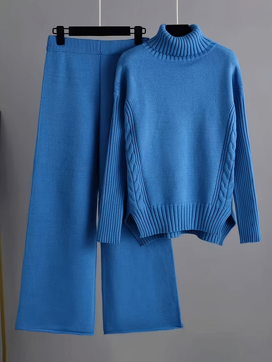 Women's high neck knit pullover sweater and straight leg pants set, made of 100% polyester with slight stretch, suitable for all seasons, featuring a solid color design.