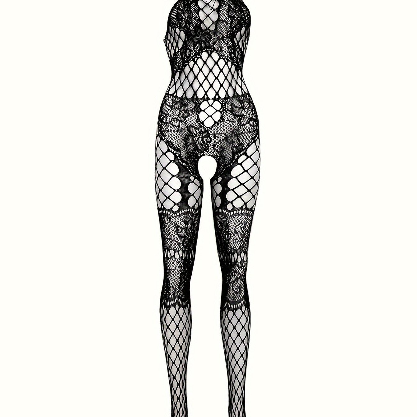 Seductive fishnet bodysuit with crotchless feature, floral jacquard design, and halter backless style. Made of nylon and spandex, hand washable. Women's lingerie.