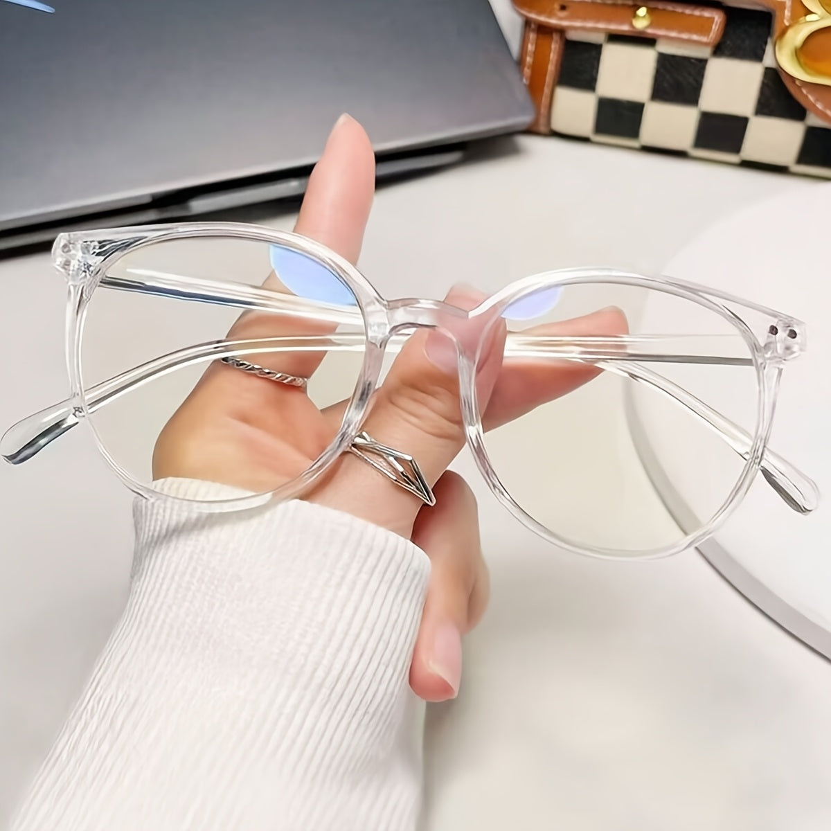 Women's Half-Frame Round Blue Light Block Glasses.