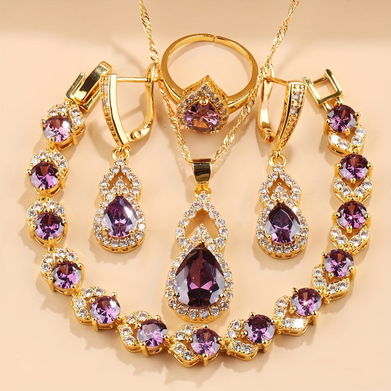 Beautiful 5-Piece Jewelry Set: Synthetic Zirconia Teardrop Earrings, Pendant, Bracelet, Ring, Necklace - 18K Gold Plated Copper - Perfect Gift for Her on Wedding, Christmas, or Any Occasion