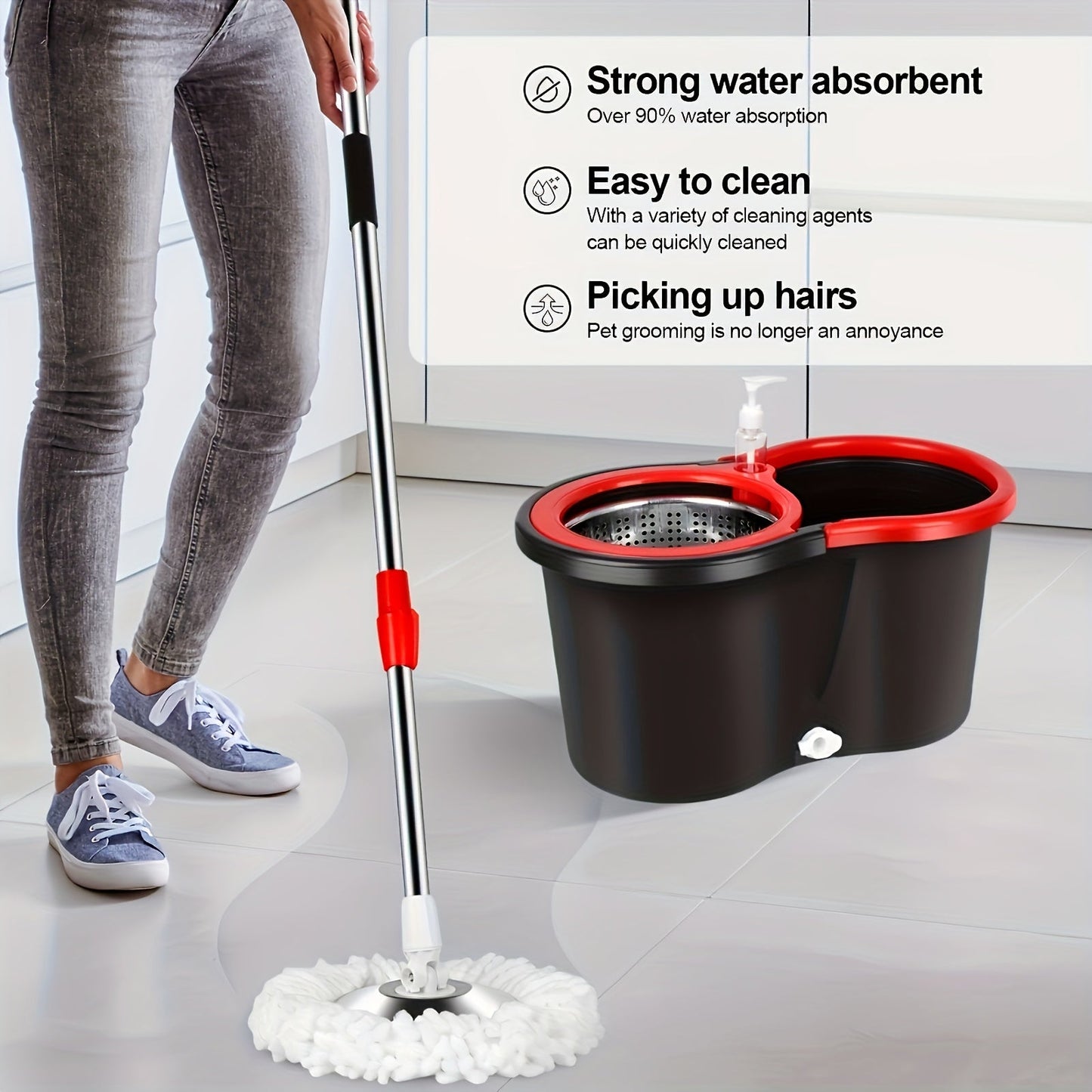 360° Rotating Mop and Bucket Set for Efficient Floor Cleaning in Bathroom or School with 3 Microfiber Mop Heads and Adjustable Stainless Steel Handle