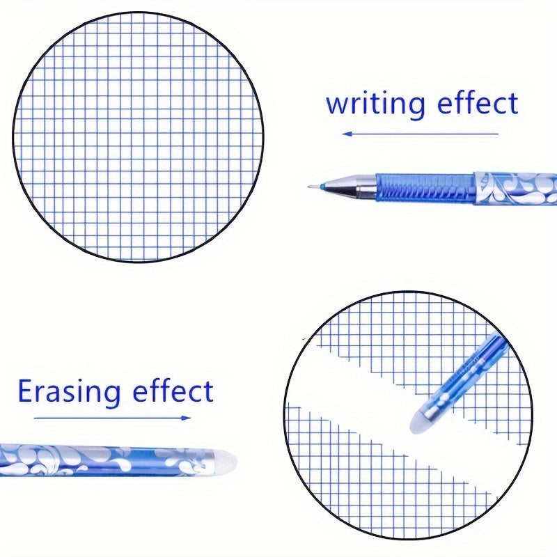 Set of 100 erasable gel pen refills with 0.5mm blue and black ink, washable handle for comfortable writing.