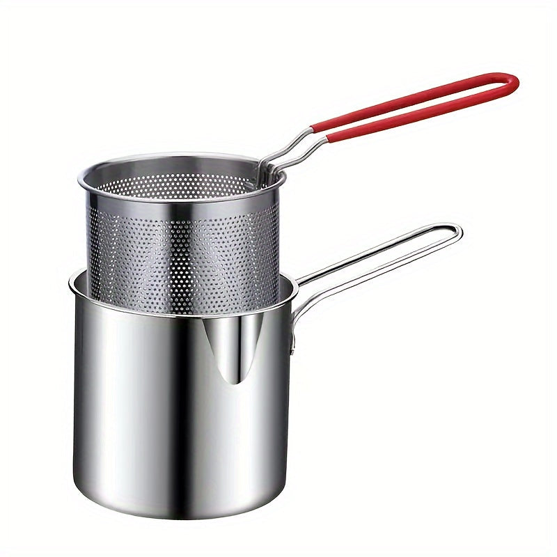 Japanese Tempura Cooking Pot for Home Kitchens - Small Deep Fryer Made of 304 Stainless Steel, Includes Strainer for Oil-Saving Features