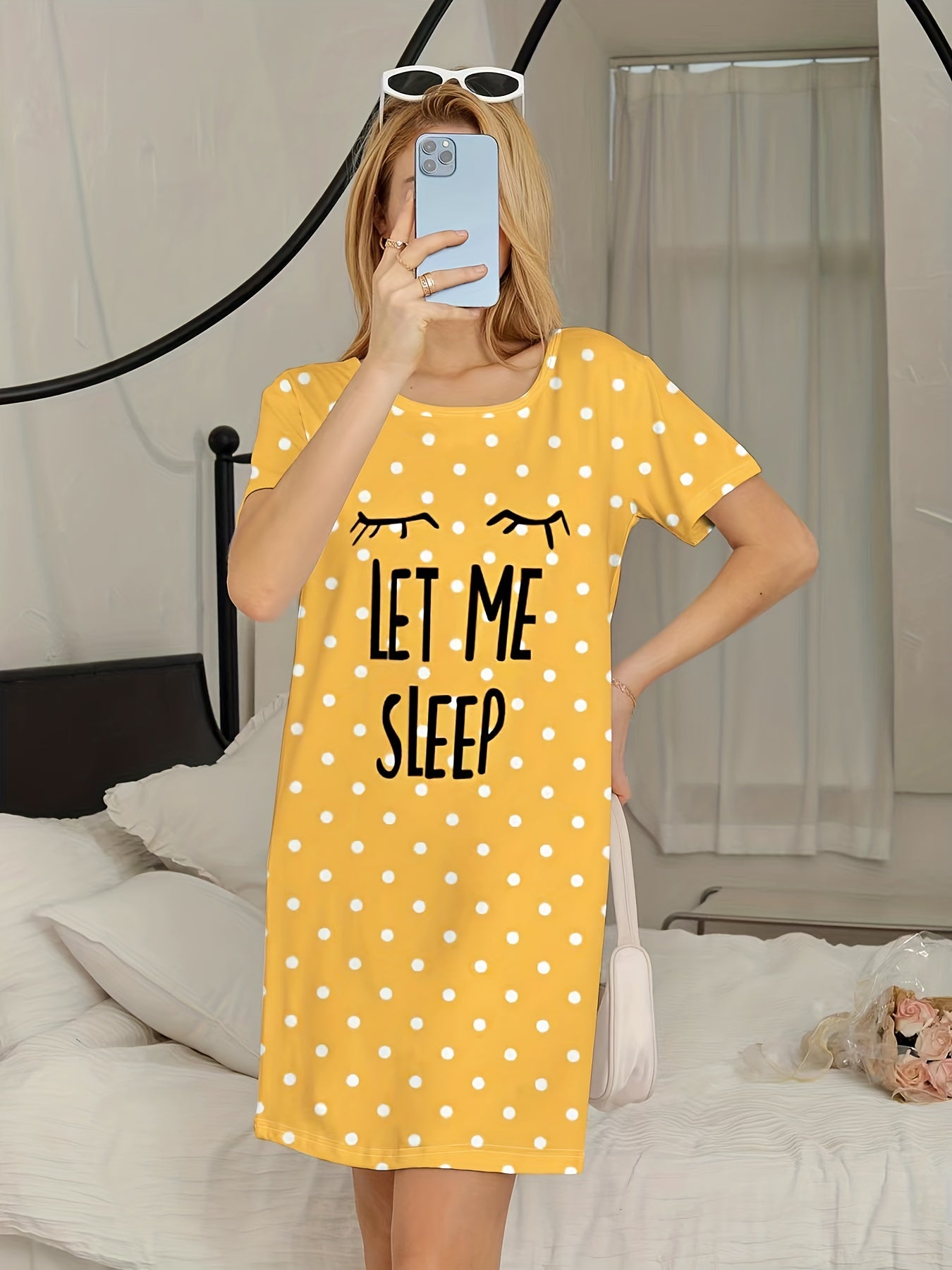 2023 Pink Polka Dot Women's Nightgown - Short Sleeve, Round Neck, Soft Polyester & Elastane Blend, Machine Washable Summer Sleep Dress