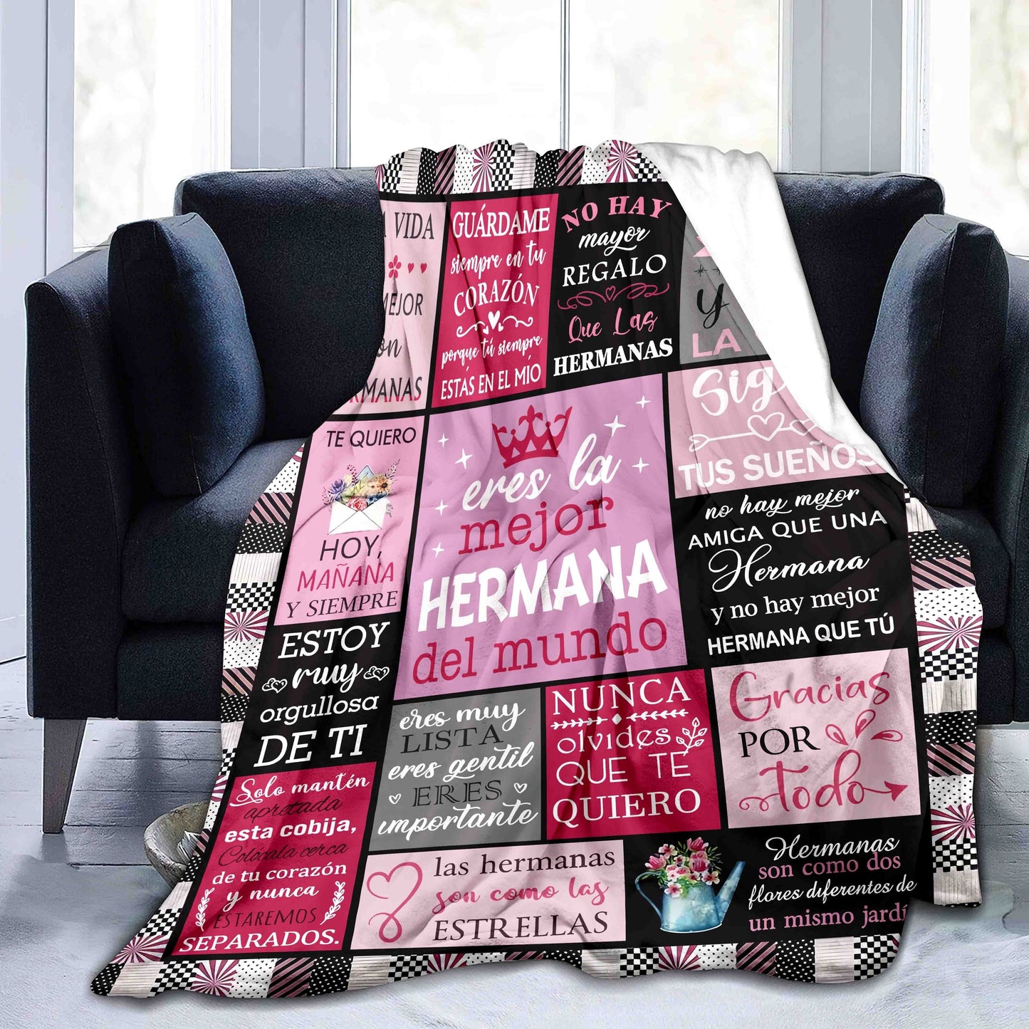 Contemporary Plaid Flannel Throw Blanket Featuring Mixed Colors and Spanish Phrases, Hypoallergenic Material for All-Season Use, Dry Clean Only, Versatile Gift for Sister - Digitally Printed on Knit Polyester Fabric