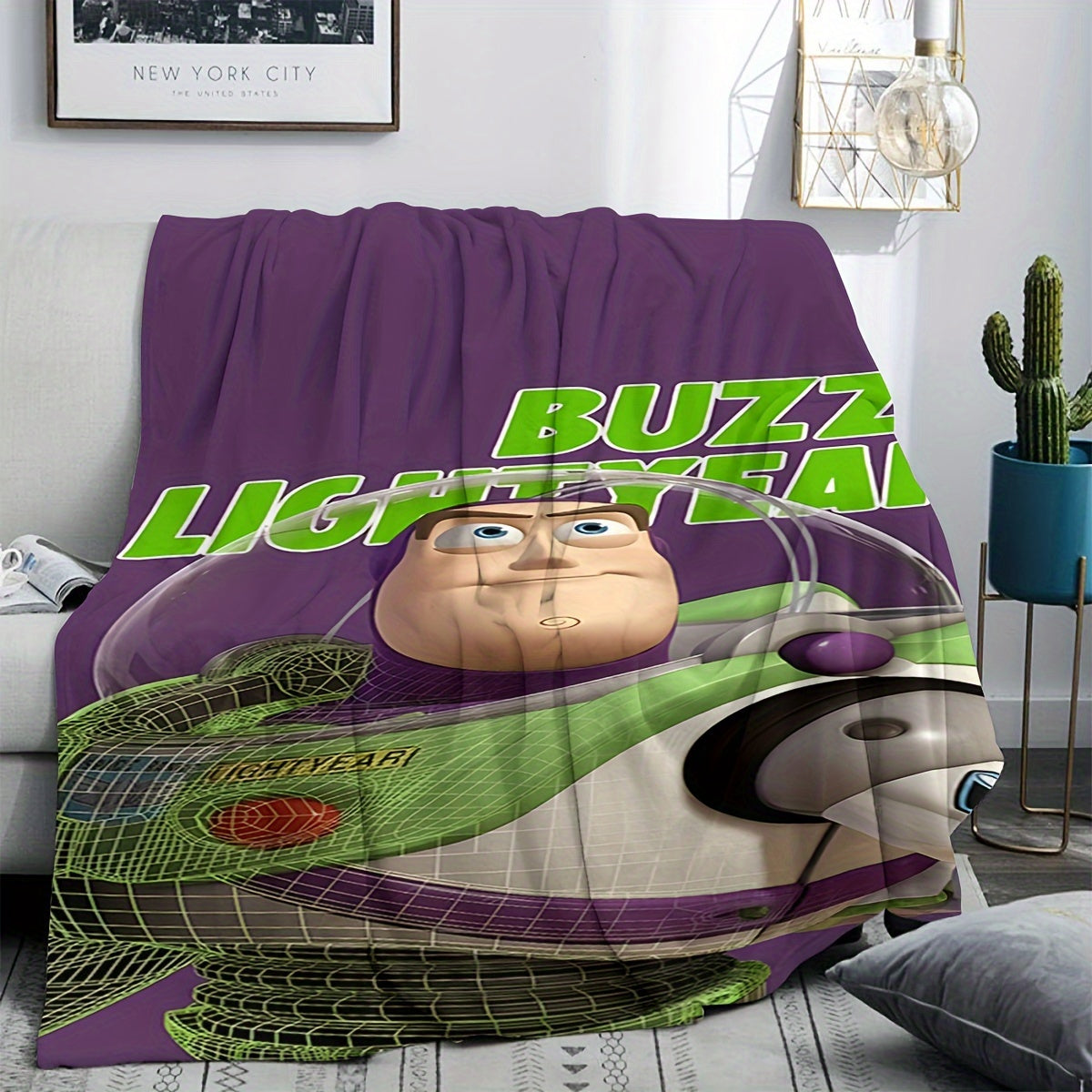 Buzz Lightyear, the adventurous astronaut in green, is enjoying playtime with his green dinosaur friend. His playful demeanor is evident in his exaggerated expressions, reflecting his childlike innocence. Happily seated on a vibrant purple blanket, he