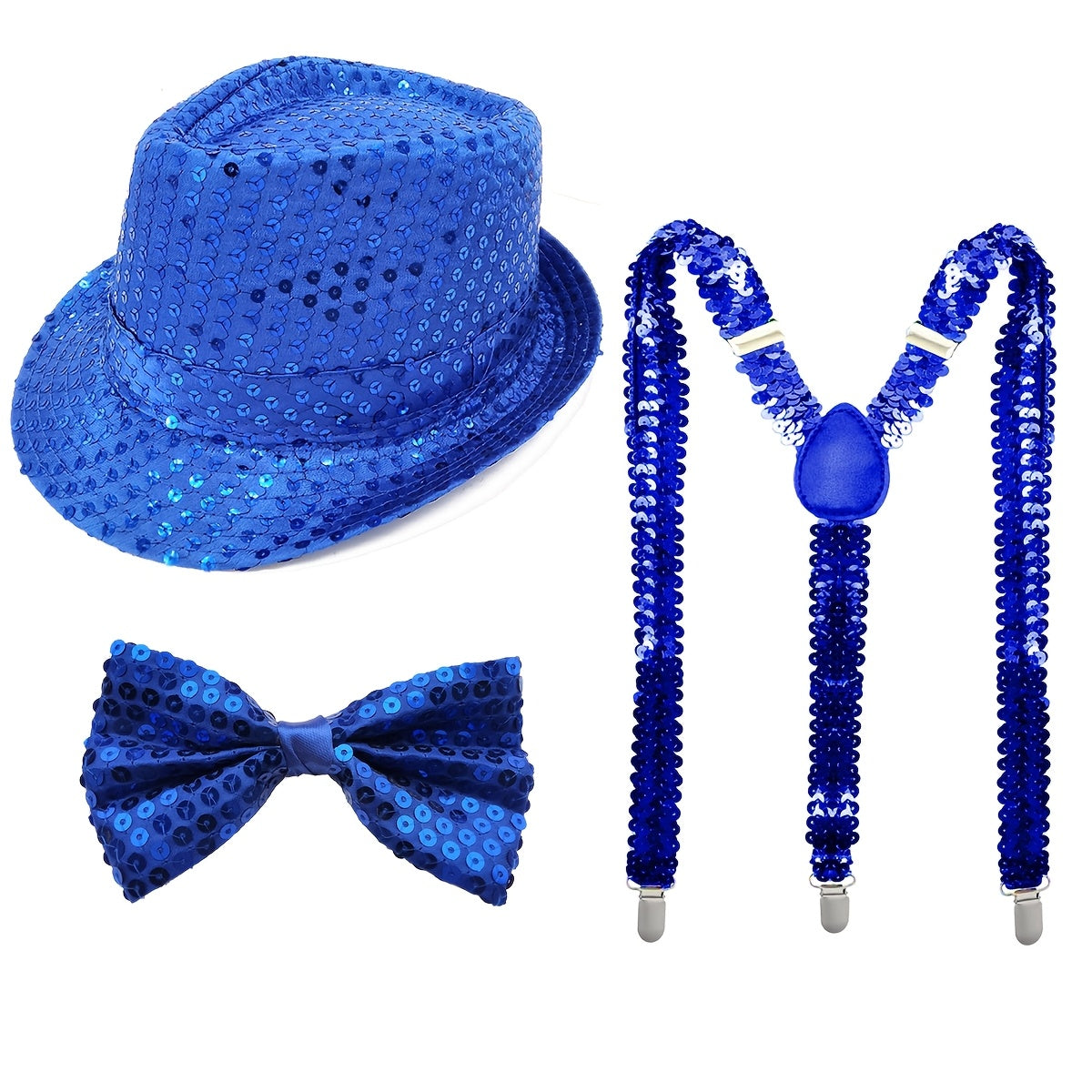 D EXCEED offers a set of three Disco sequin fedora hats with retro glitter accessories.