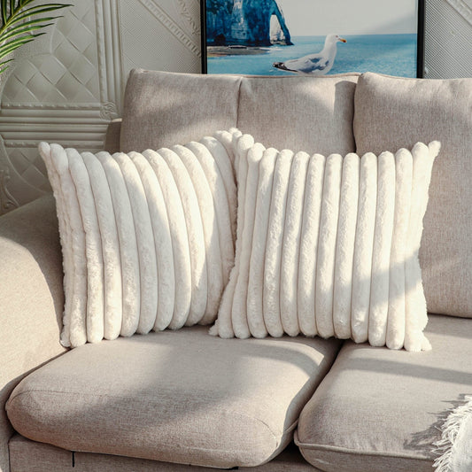 2 pack of faux fur plush decorative throw pillow covers in luxury striped cream white, suitable for sofa, couch, or bedroom.