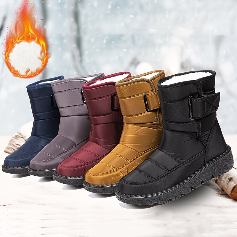 Women's mid-heel snow boots, sizes 36-43, round toe fabric upper, water-resistant PU sole, hook-and-loop closure, all-season winter footwear.