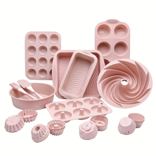 33 pieces of Silicone Baking Pan Set including Cake Pan, Muffin Pan, Cupcake Cups, and other Baking Tools, Kitchen Gadgets, and Accessories.