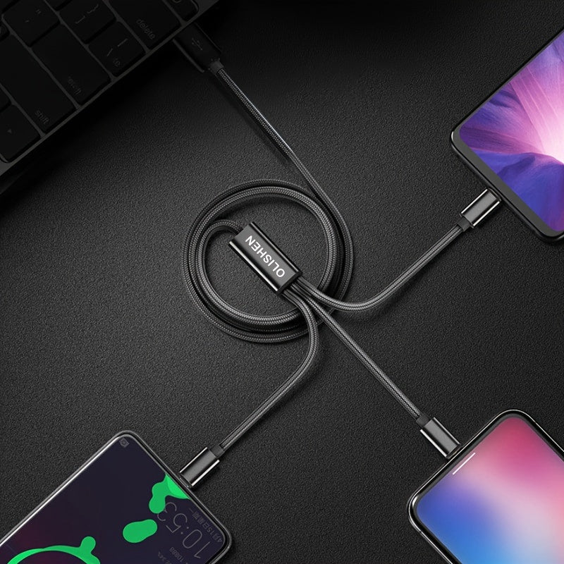 OLISHEN 3-in-1 Nylon Braided USB Charging Cable with multiple lengths (100.58cm/201.17cm/3.02meter) and fast charging capabilities for iPhone, Samsung, Xiaomi, and other devices. Can be