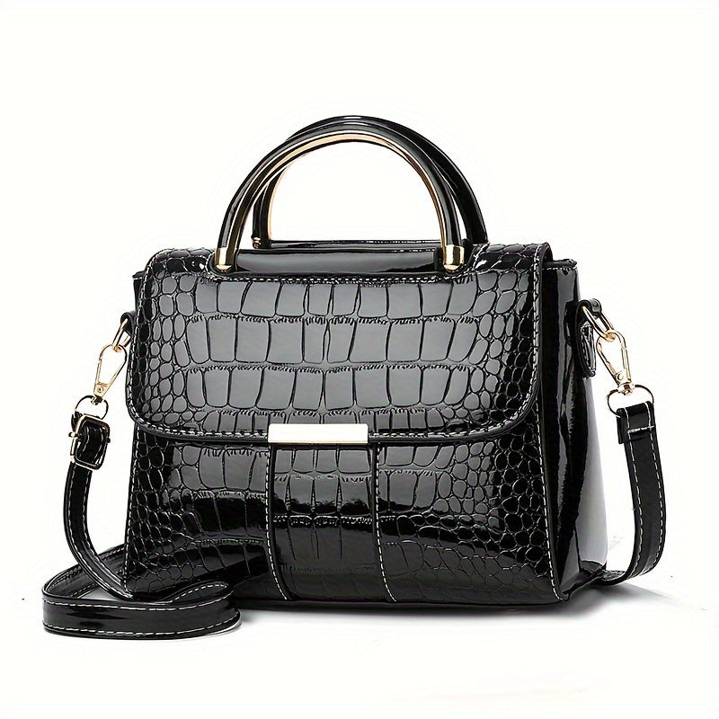 Stylish black crocodile pattern crossbody bag for women with magnetic closure and simple solid color design.