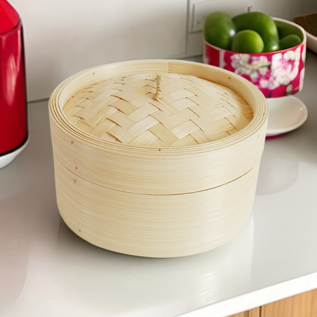 A single piece bamboo steamer measuring 20cm in width, ideal for steaming dumplings, bread, fish and meat.