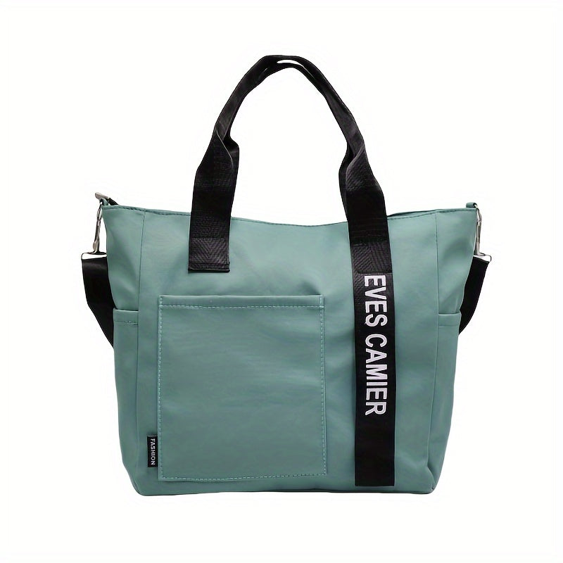 Versatile tote bag with multiple pockets, crossbody strap for travel and work, adjustable for school and everyday use.