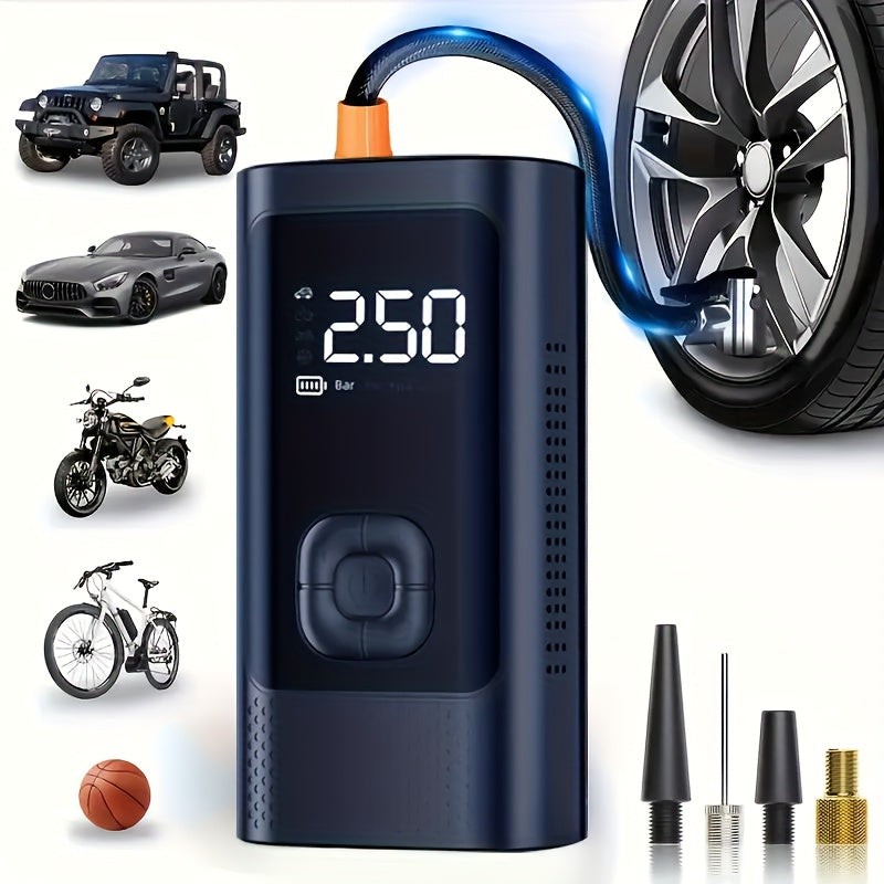 Rechargeable LED-lit tire inflator for cars, bikes, motorcycles, and sports balls. Perfect Father's Day gift.