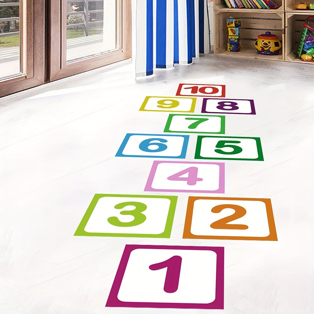 10 pieces of self-adhesive, anti-slip hopscotch game wall and floor stickers made from frosted material.