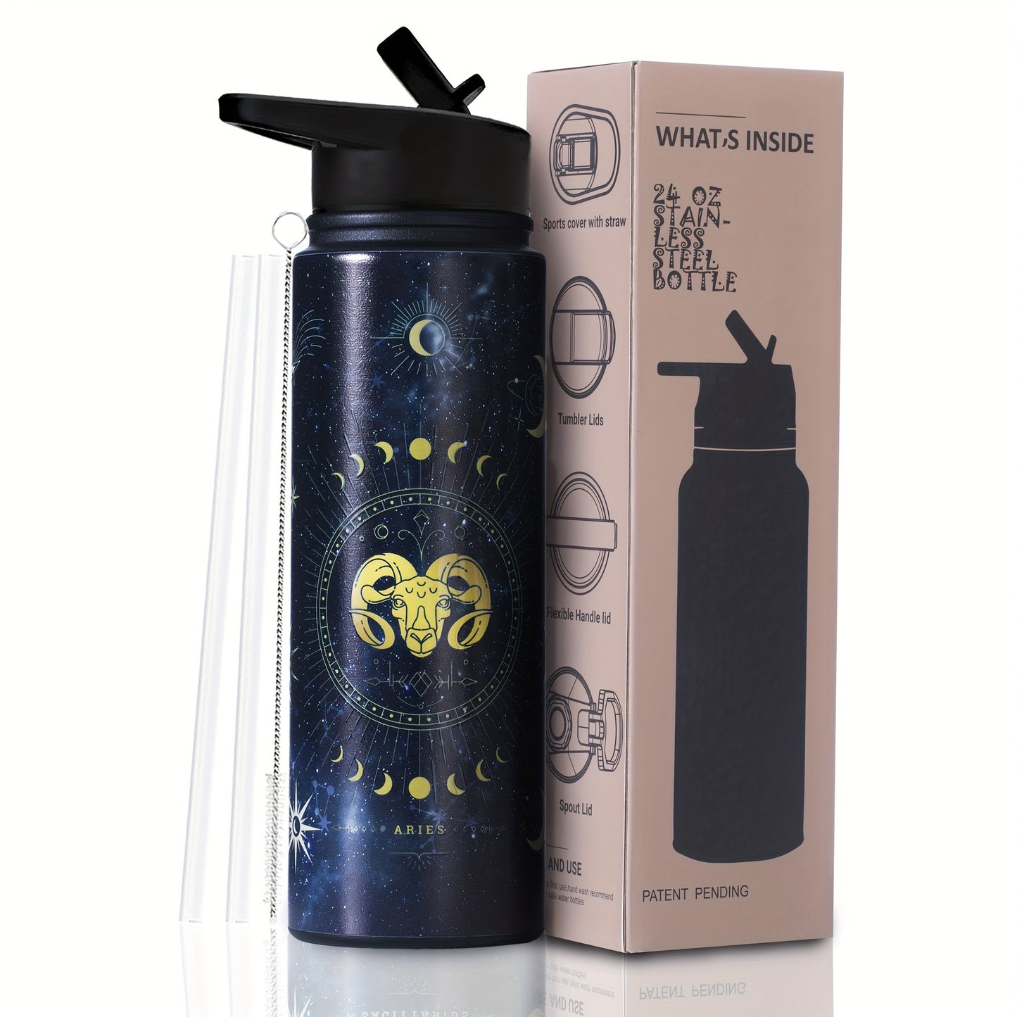 1pc Stainless Steel Zodiac Water Bottle with Lid, Straw, and Double Wall Vacuum Insulation - Ideal for Travel, Outdoor Activities, or as a Birthday Gift. Great for Halloween parties or as room decor.