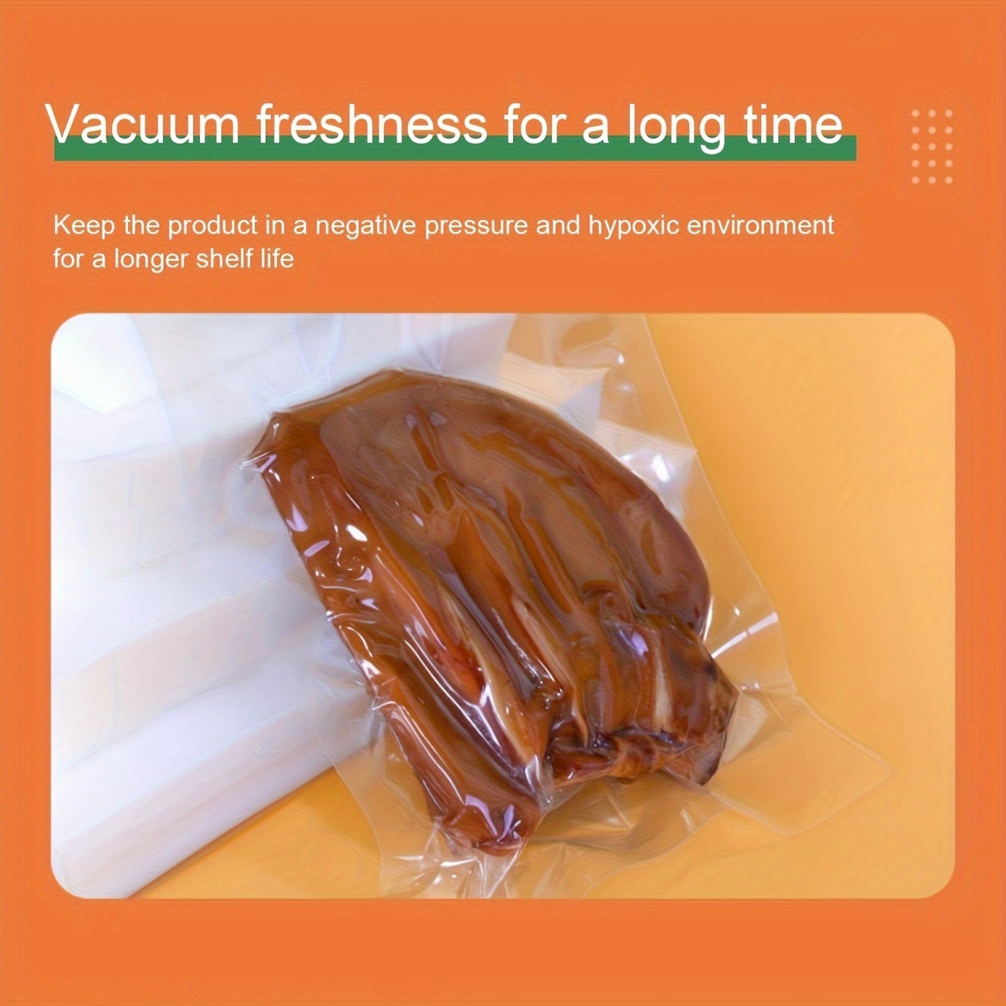 100 pieces of high-quality kitchen vacuum sealer bags in different sizes (10x15, 15x20, 15x25, 17x25, 20x25, 20x30, 25x30, 25x35, 28x35cm) made of durable plastic for maximum freshness. These bags are compatible with all vacuum sealer machines and are