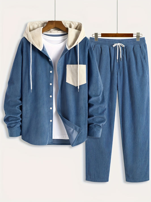 Corduroy two-piece set for men, hoodie with drawstring and pocket design, ideal for spring and autumn.