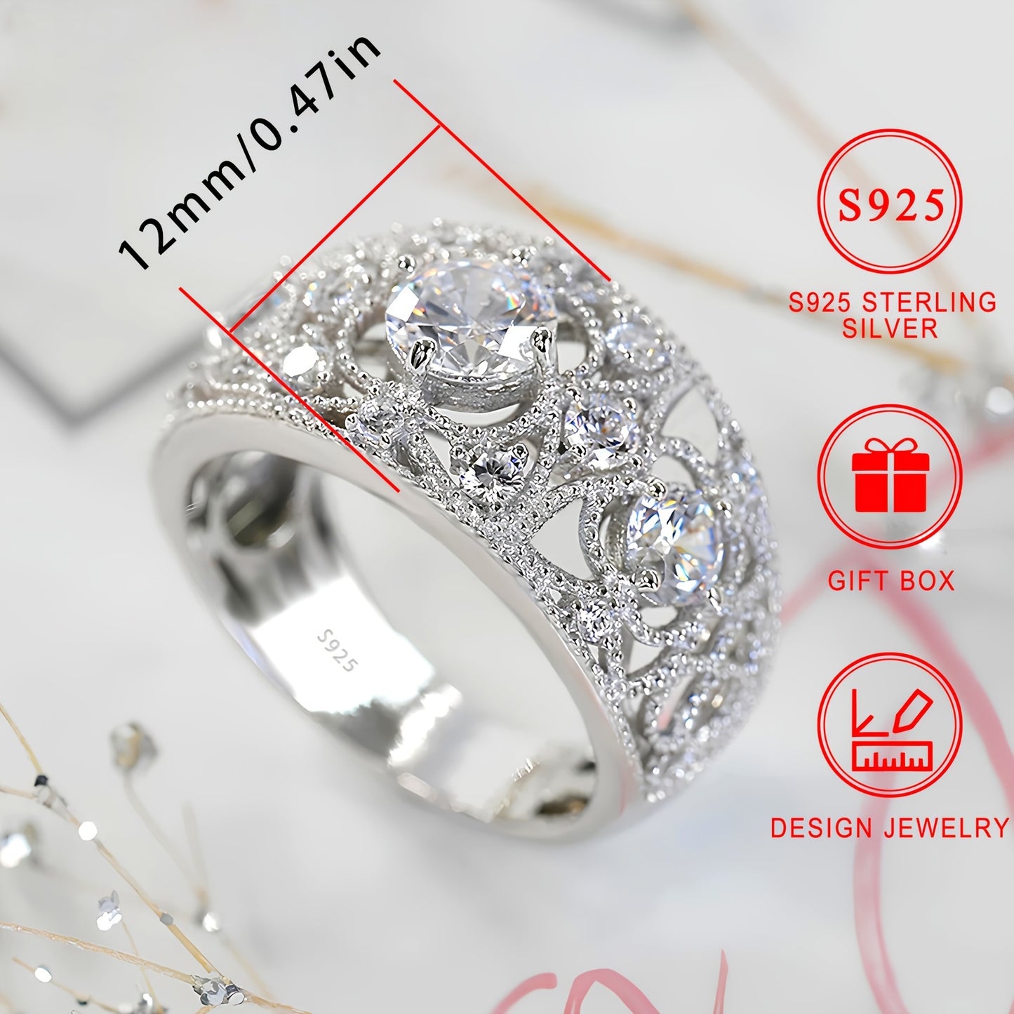 4.5g nickel-free S925 silver luxury ring with synthetic zirconium for women's fashion. High quality, suitable for daily wear, parties, holidays. Comes in a gift box.