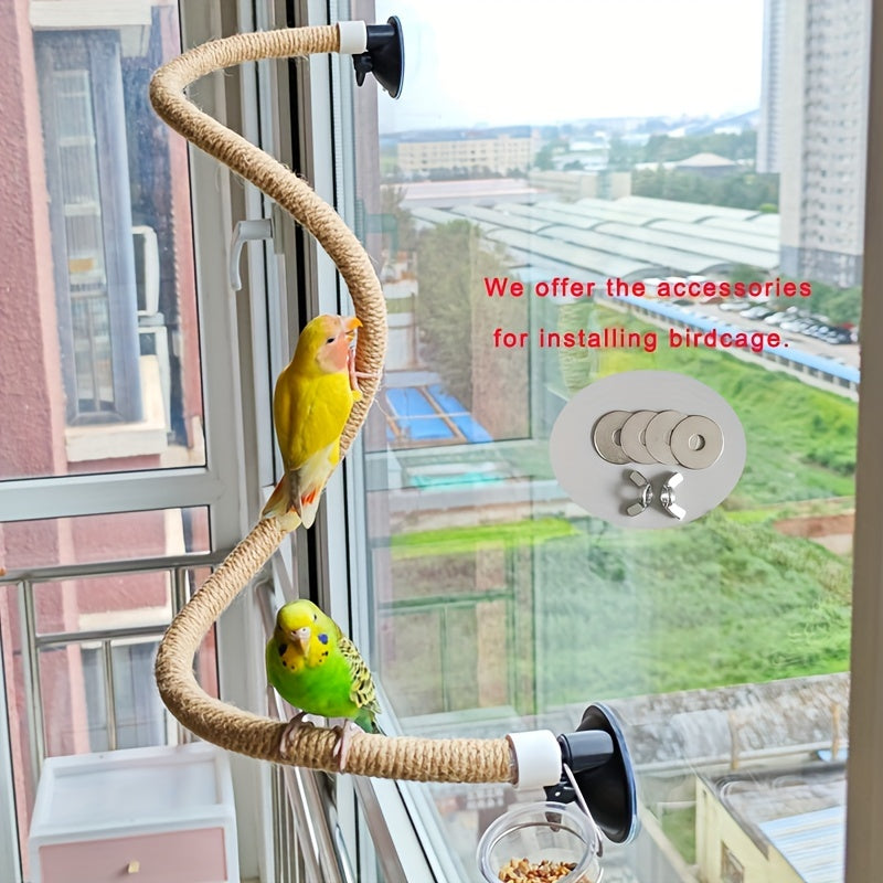 Durable PVC curved perch with suction cup for small to large parrots, mountable on windows, glass, and smooth tile walls for sunbathing and exercise.