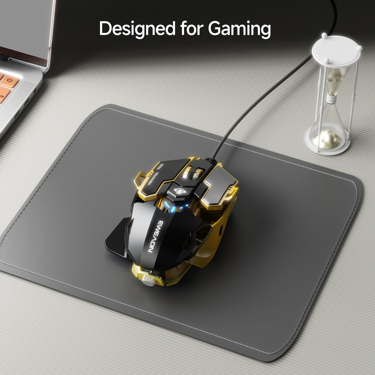 EWEADN G5 USB Wired Gaming Mouse offers silent or audible clicks, metal mechanical design with 8 macro function keys. Tail length can be adjusted to fit different hand sizes, making it