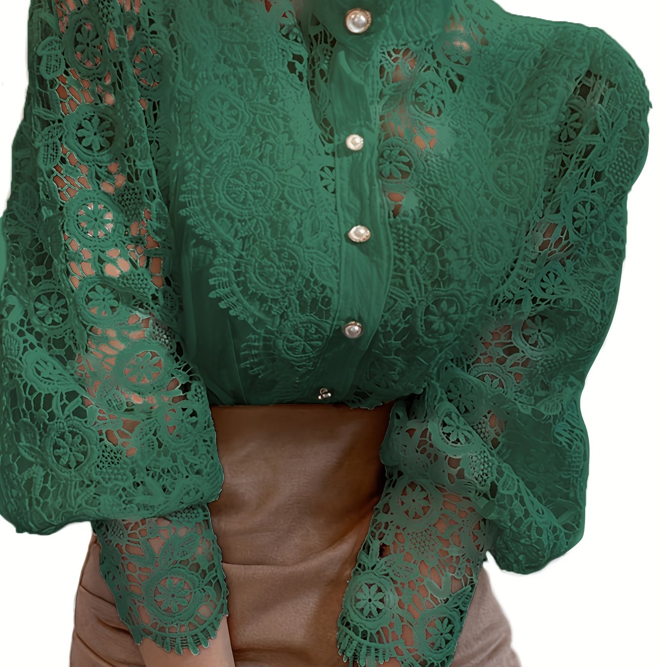 Victorian lace blouse with pearl buttons and intricate floral patterns, suitable for casual or semi-formal events.