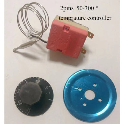 Temperature controller knob can be adjusted, equipped with a capillary thermostat switch and a range of 50-300°C. Made from safe materials that are suitable for non-food contact. Ideal for use in deep fryers, ovens, and water heaters.