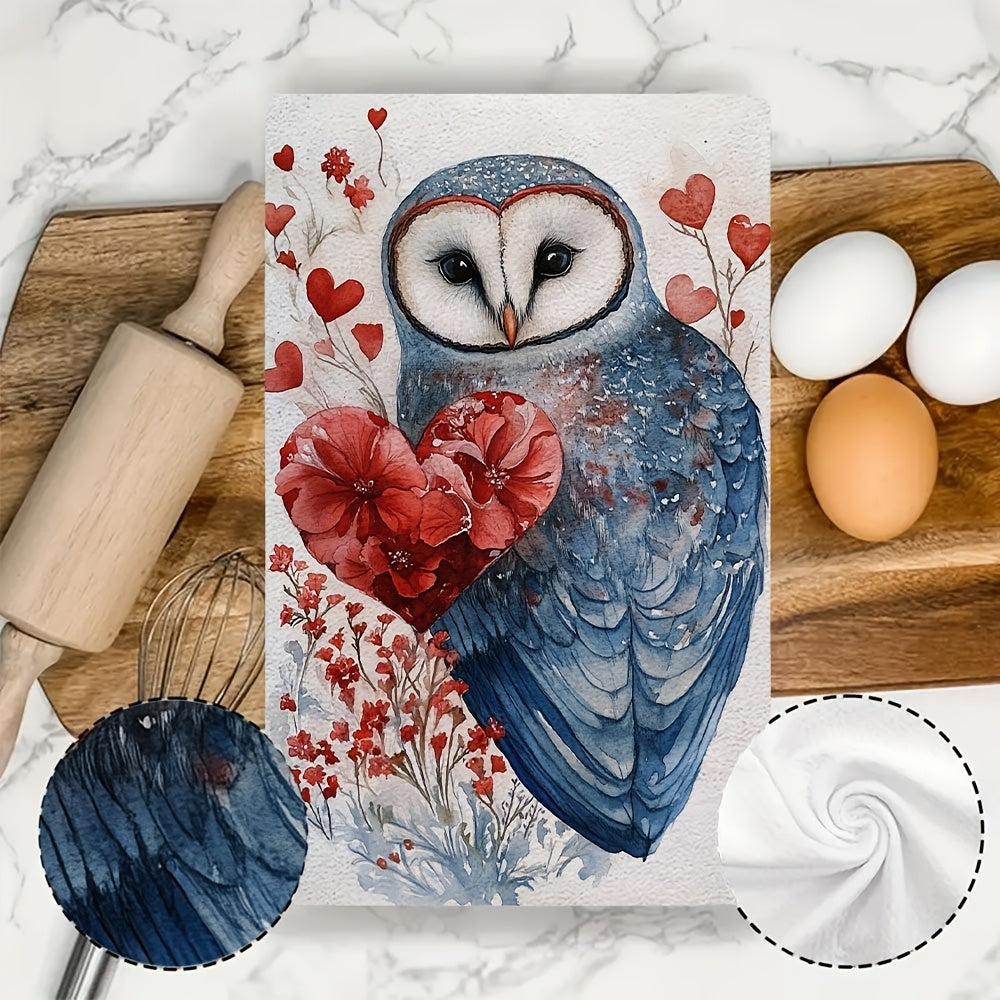 Valentine's Owl Design Kitchen Towels - Set of 2, Ultra Soft and Highly Absorbent, Machine Washable Dish Hand Towels, 40.64x60.96 cm - Ideal for Holiday Decor and Everyday Use in the Kitchen