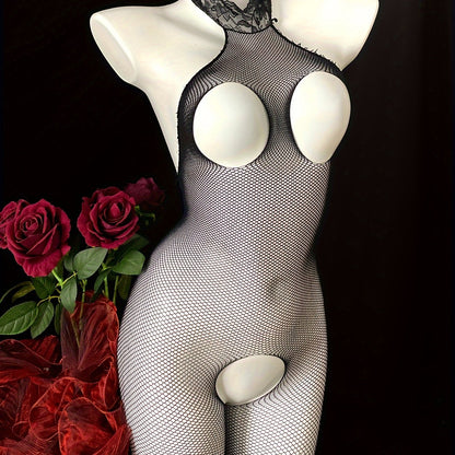 Sexy Women's Hollow Out Mesh Bodystocking with Halter Neck, Open Bust, and Crotch