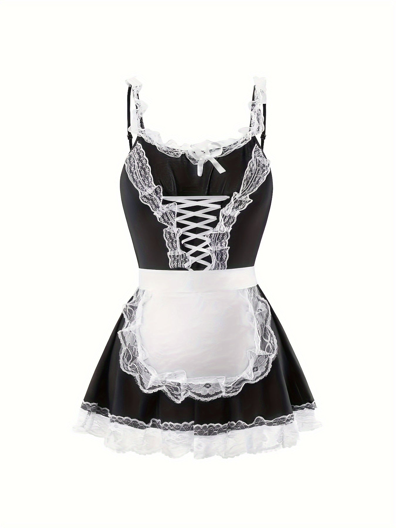 Sexy maid role-play costume with lace details, strappy slip dress for women's lingerie.