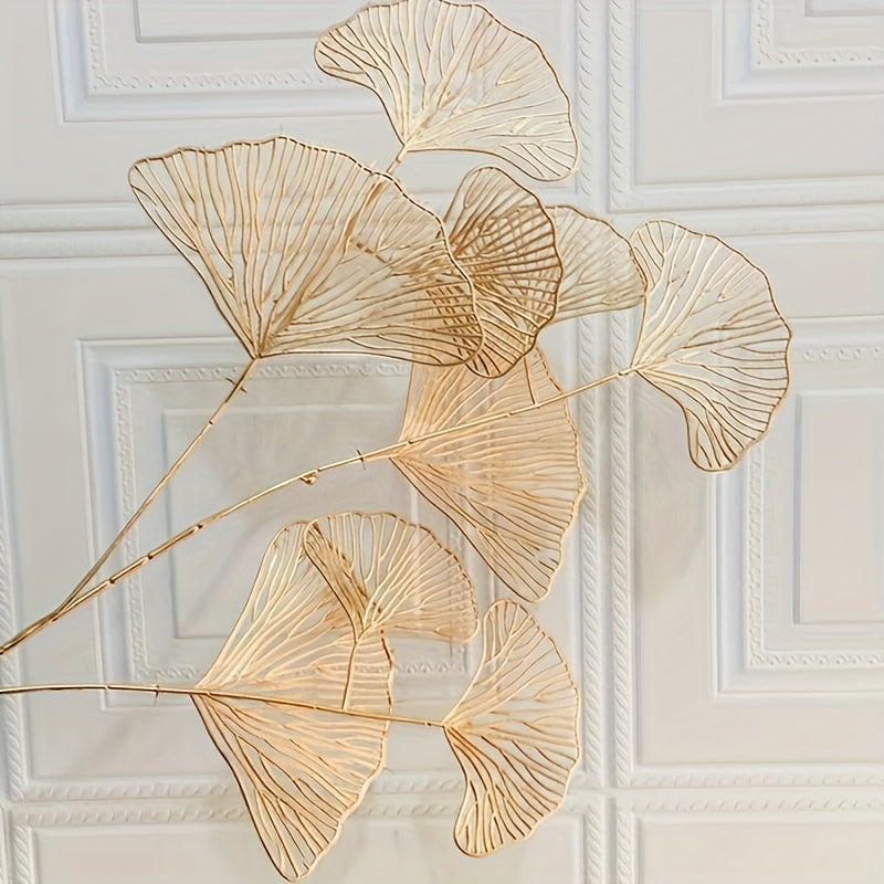 5 Glitzy Golden Ginkgo & Apricot Leaf Artificial Stems for year-round elegant home décor. Ideal for weddings, Christmas, winter, and spring decorations.