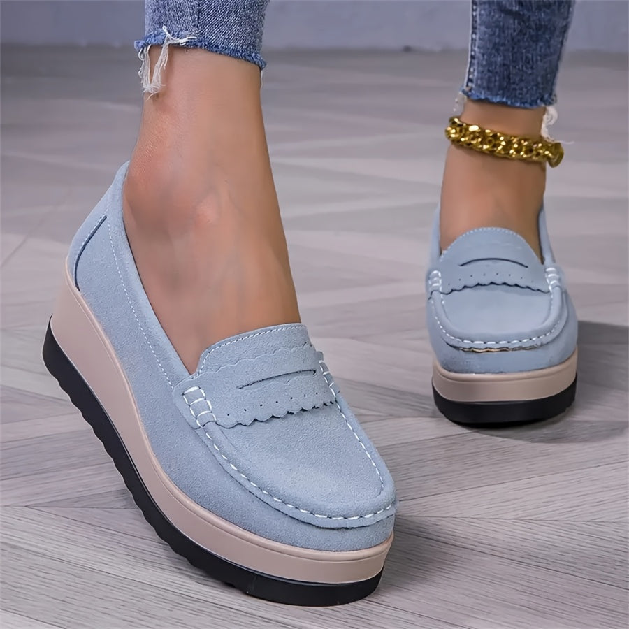 Women's slip-on loafers in solid color, lightweight faux comfort shoes with plain toe design for all seasons.