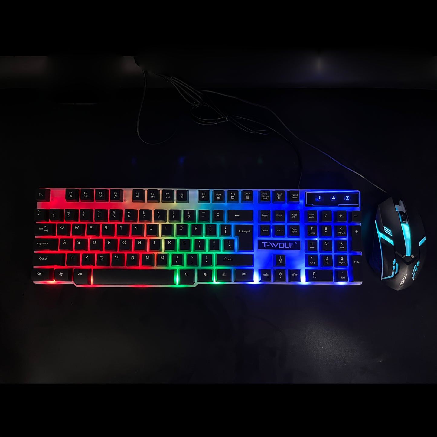 LED-lit wired keyboard and mouse set with mechanical feel for gaming and office use.