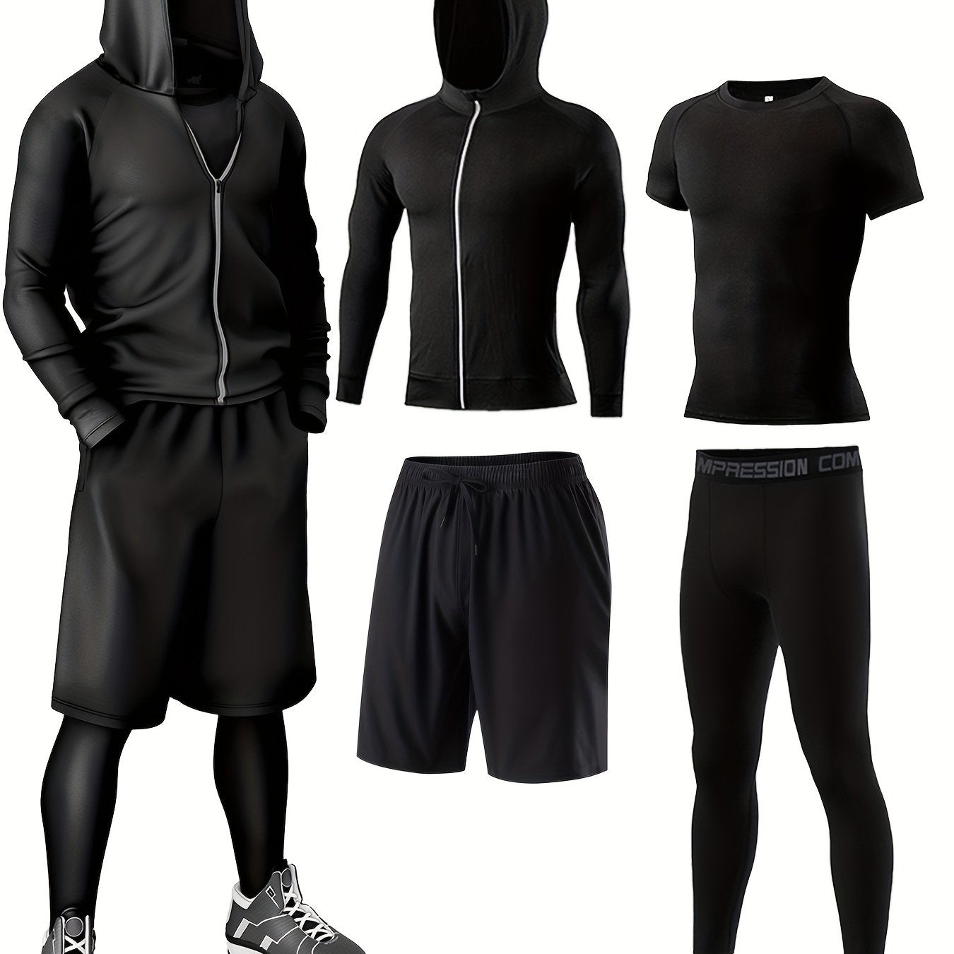 Polyester and elastane blend athletic set includes crew neck hoodie and skinny fit bottoms for running, fitness, cycling, and outdoor activities.