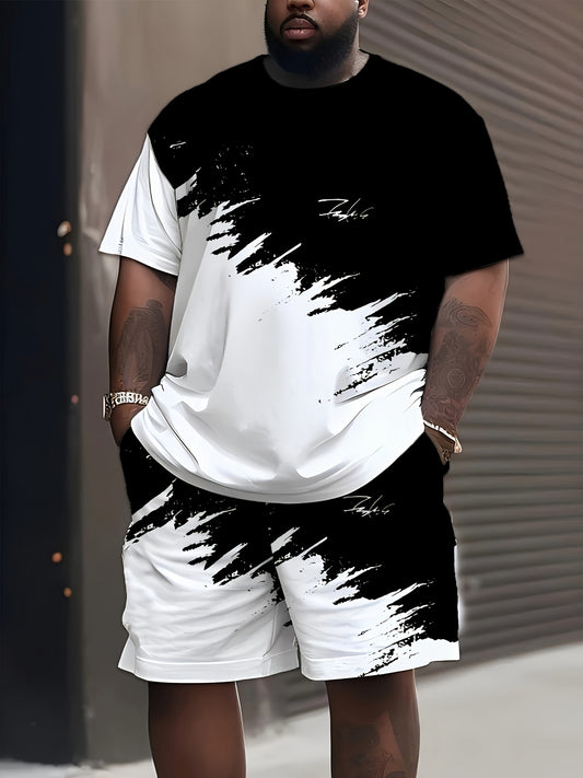 Men's Plus Size 3D Print Short-Sleeve and Shorts Set.