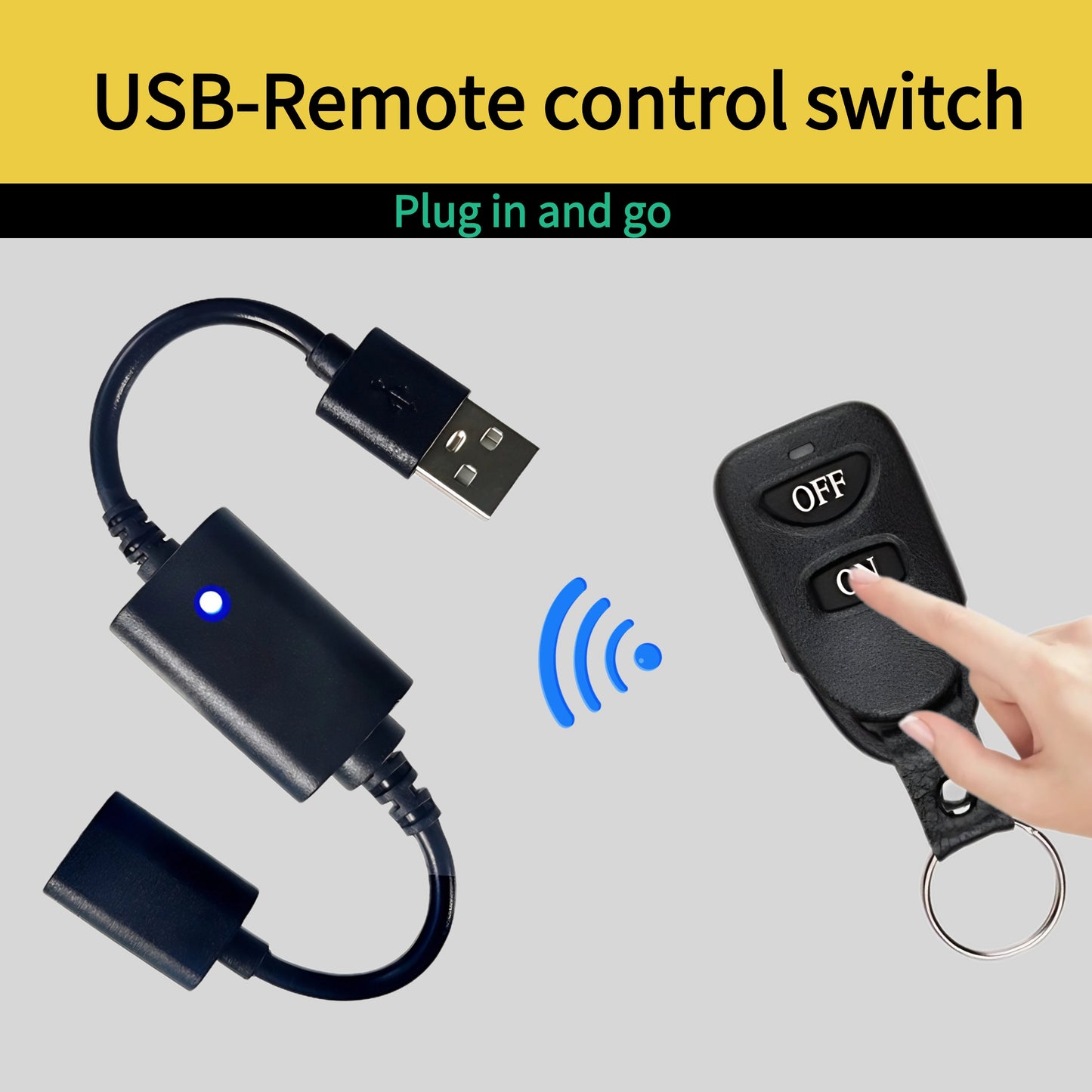 USB-powered wireless RF remote control for switch, operating at DC 5V for LED strips, reading lamps, and fans.