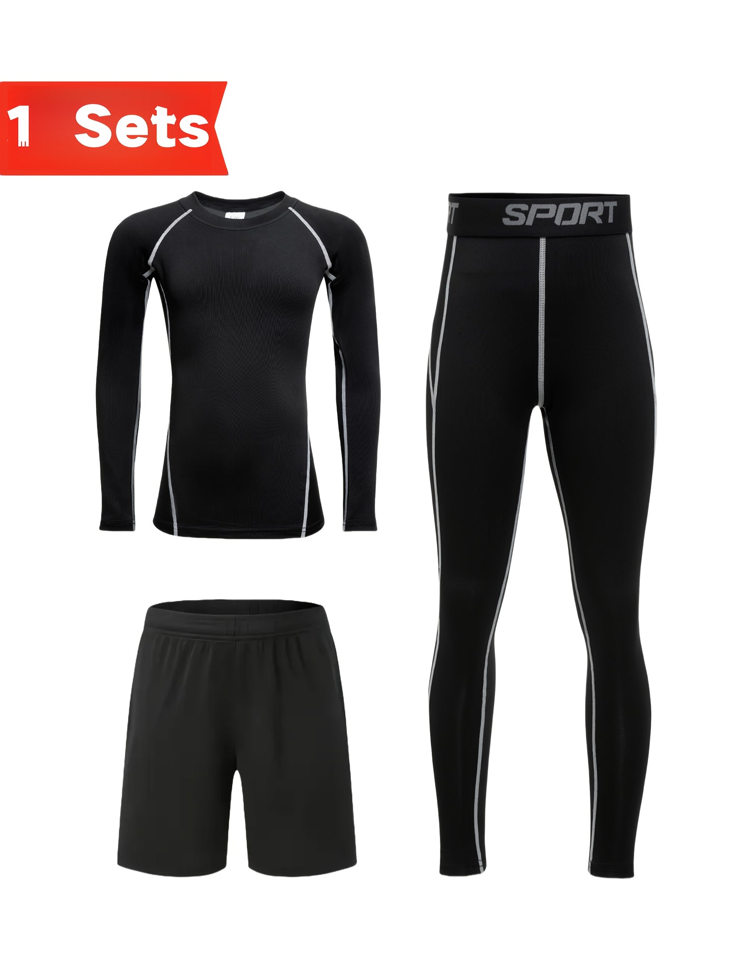 Youth Quick-Dry Compression Set for Running and Sports Performance, includes long sleeve top, shorts, and leggings, ideal for outdoor activities.