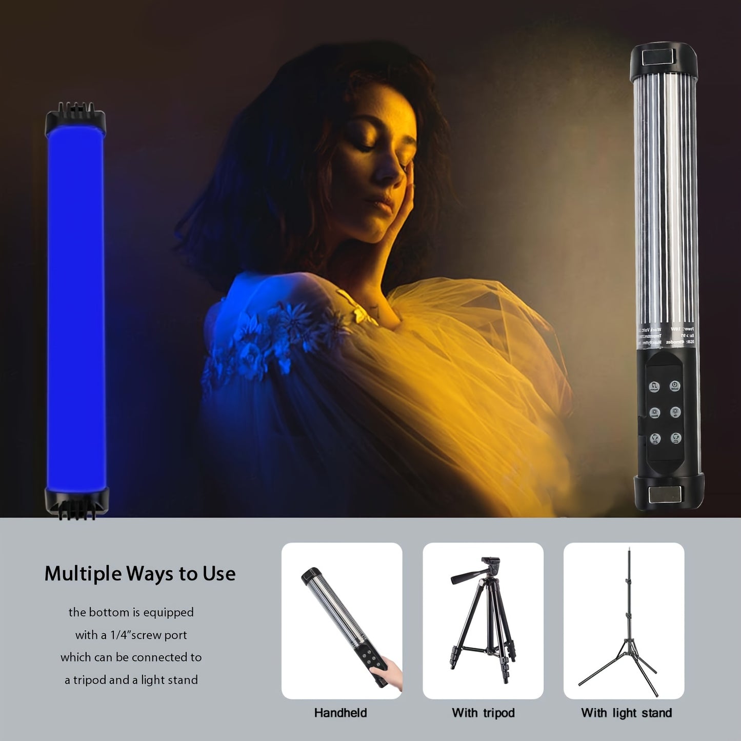 11-inch handheld RGB LED video light stick with adjustable color temperature (2700K-7500K) and USB rechargeable 18650 lithium battery. Non-waterproof with 95+ CRI and 1/4" screw for studio