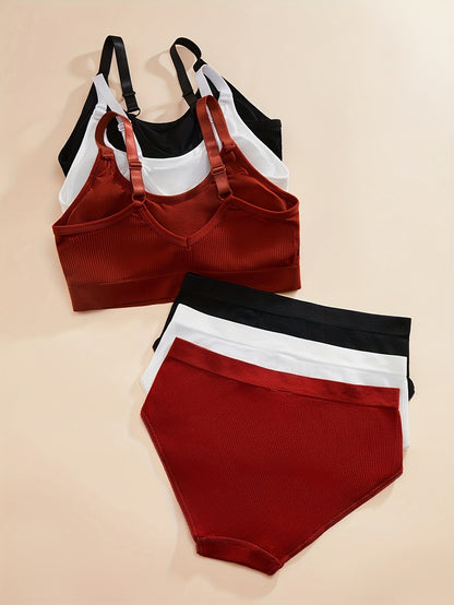 Three sets of solid color ribbed bra and briefs, a comfortable lingerie set for women.