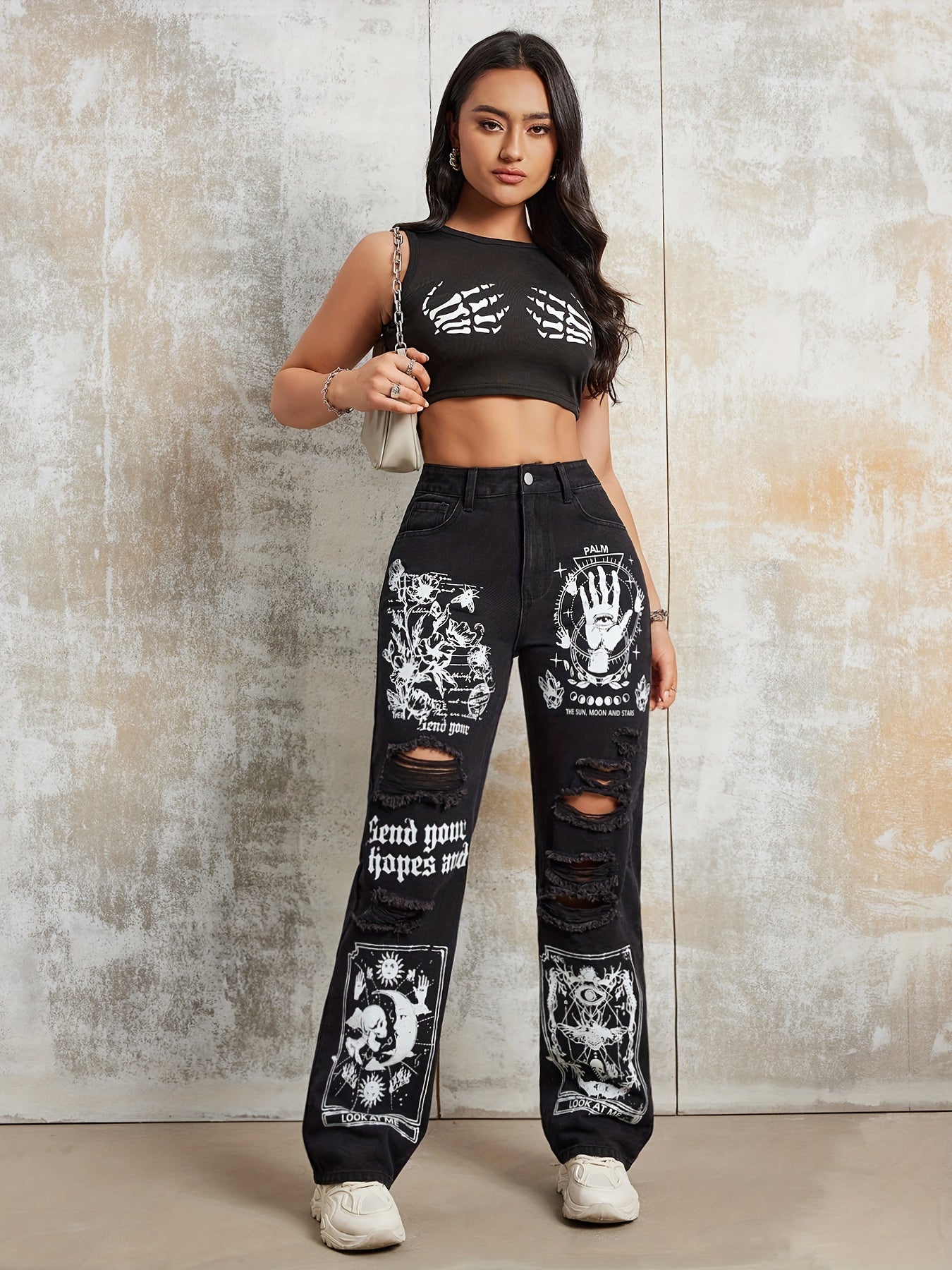 Y2K High Waist Pants with Cartoon Pattern Print