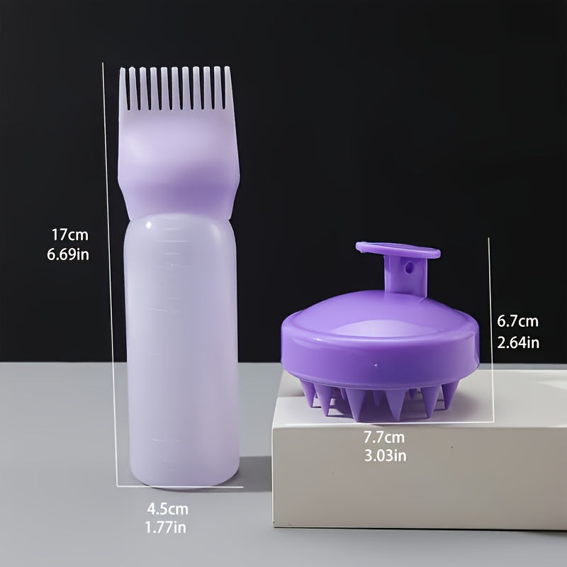 Hair care set includes scalp massage brush, root comb, hair dye bottle, and hair oil bottle. Made for all hair types with ABS plastic and silicone materials. Great for both ordinary and