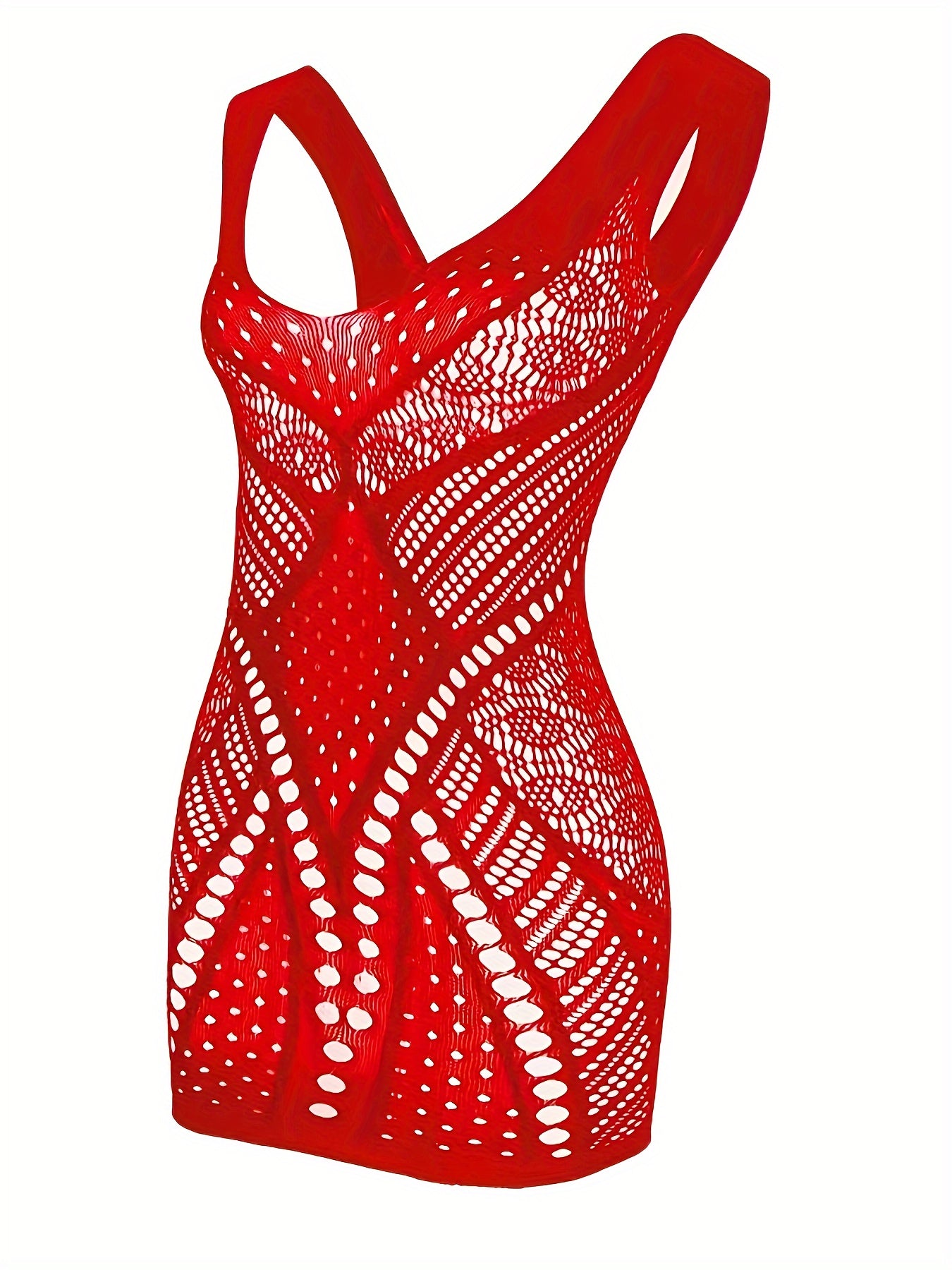 Red lace mesh bodysuit with hollow-out design, spaghetti straps, made of nylon. Sexy and fashionable nightclub attire for adults.