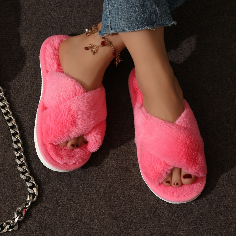 Cozy plush women's slippers with elegant solid color, non-slip EVA sole, and all-season indoor comfort.