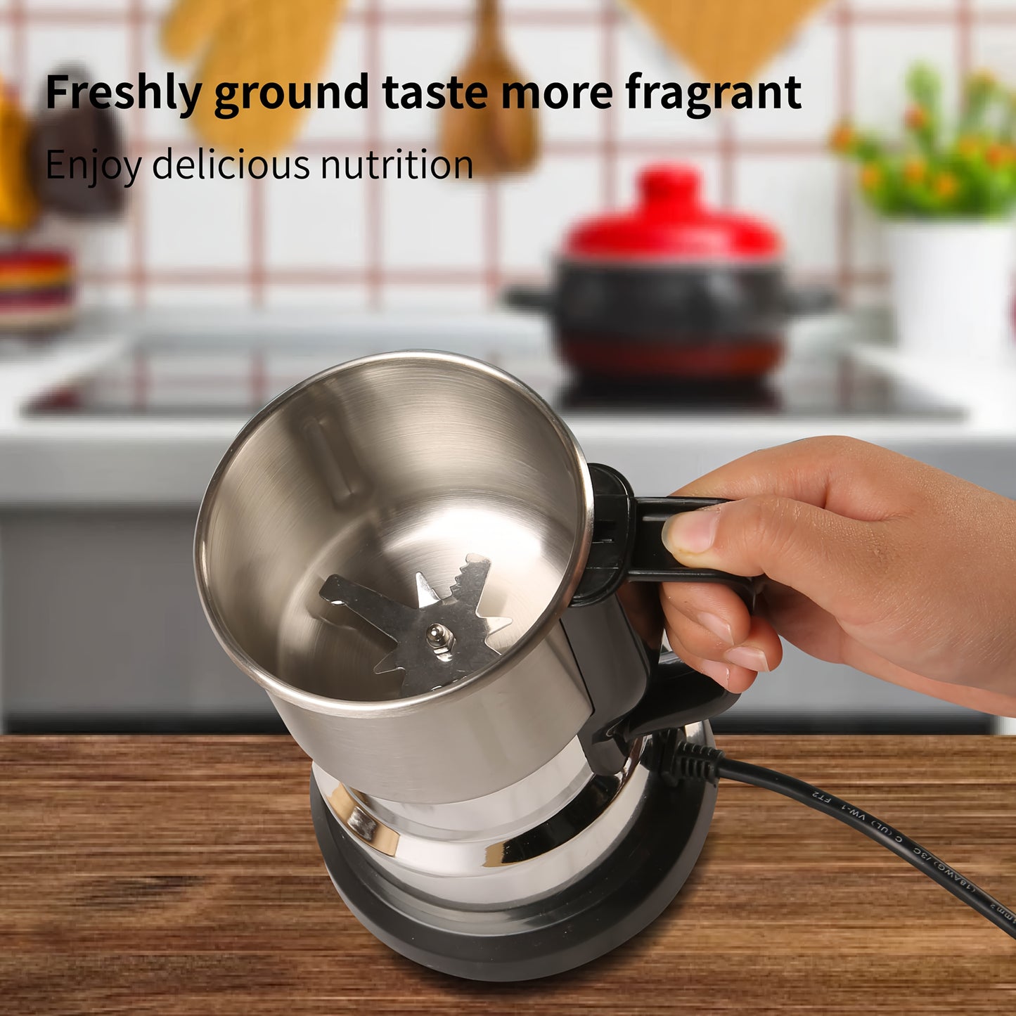 Electric grinder for coffee, spices, and grains with one-touch operation, overheat protection, precision grinding, and easy storage. 220V US plug.