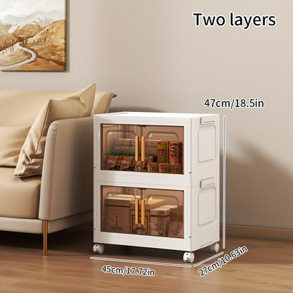 Foldable storage cabinet (46.99cm x 29.21cm) made of waterproof plastic with magnetic closure. Ideal for living room, kitchen, and bedroom. Features wheels for easy mobility. Can be used as