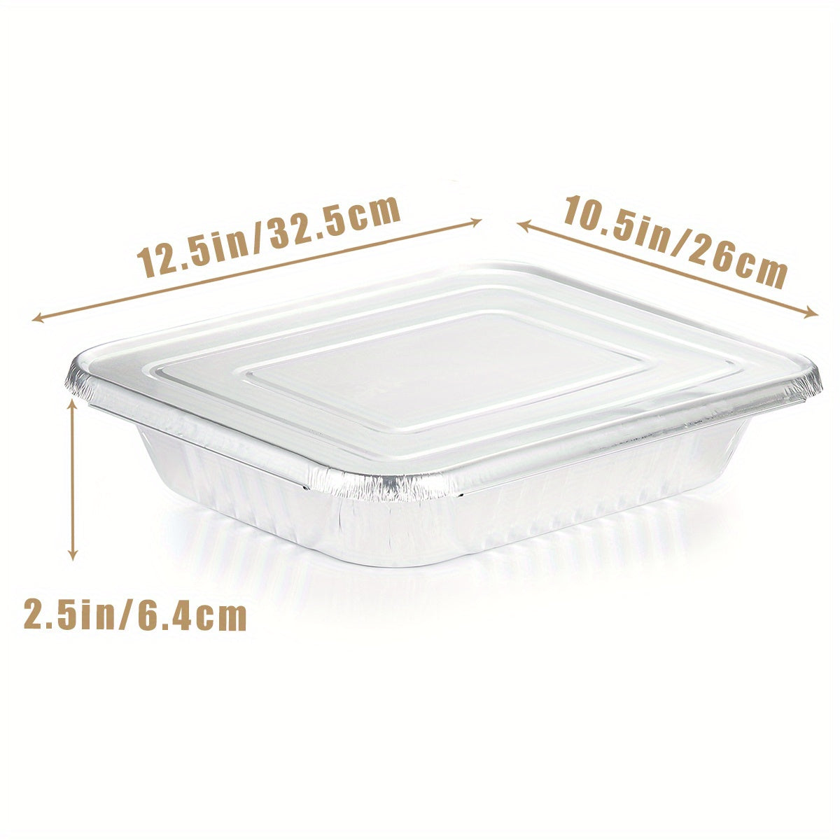 This set includes 8 heavy-duty aluminum pans with foil lids. The extra thick disposable foil containers are perfect for baking, cooking, roasting, and heating. Each pan measures 9x13 inches.