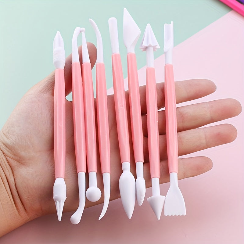 Set of 8 fondant cake decorating tools with 16 patterns for carving flowers, crafting clay, modeling, and baking accessories.