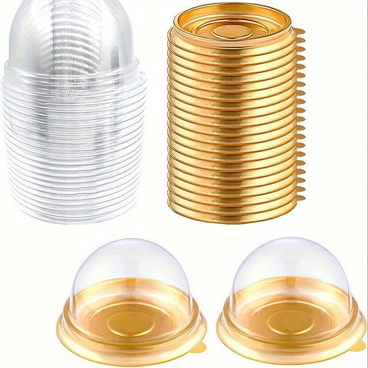 Set of 50 Mini Cupcake Holders - 7.62cm Golden & Clear, Made of BPA-Free PET Plastic, Round Dome Party Favor Boxes with Snack Display Option